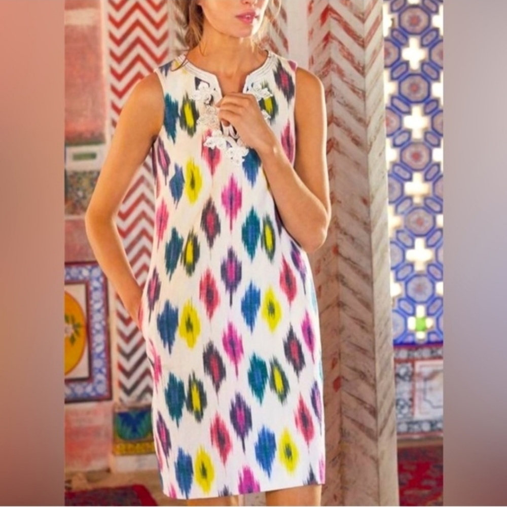 J. Crew Watercolor Ikat Sleevless Weaved Neckline Shift Dress Pockets. Sz 4